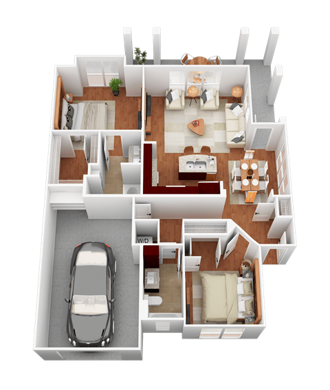 a 3d rendering of a house with a car in the garage